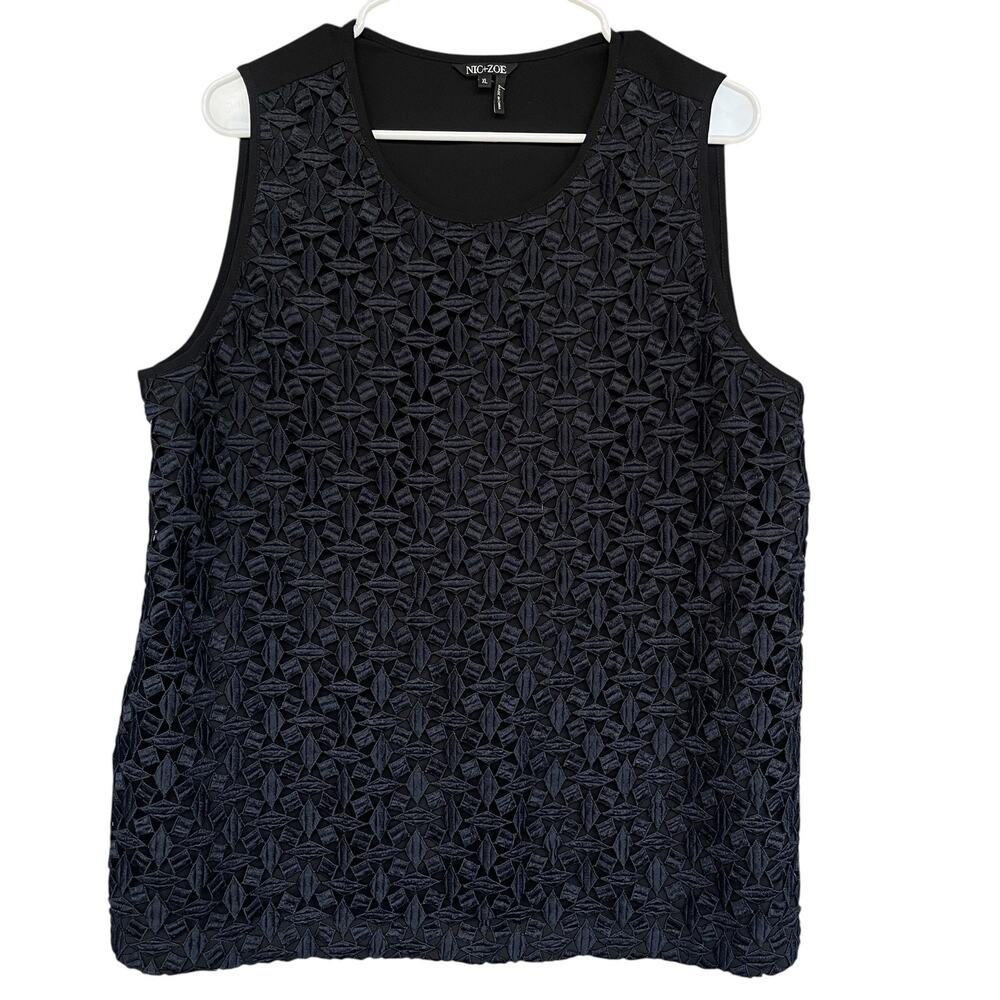 NIC+ZOE Top Womens XL Navy Blue Textured Lace Front Sleeveless Tank Shell Blouse